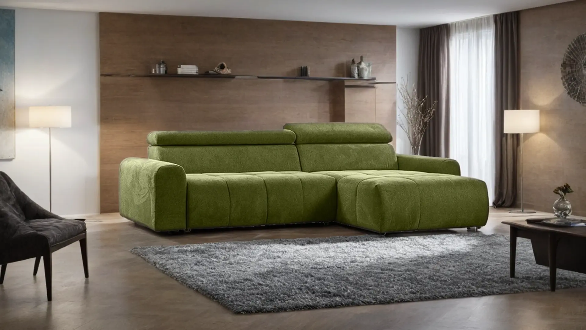 Zelena ugaona garnitura, tepih i police