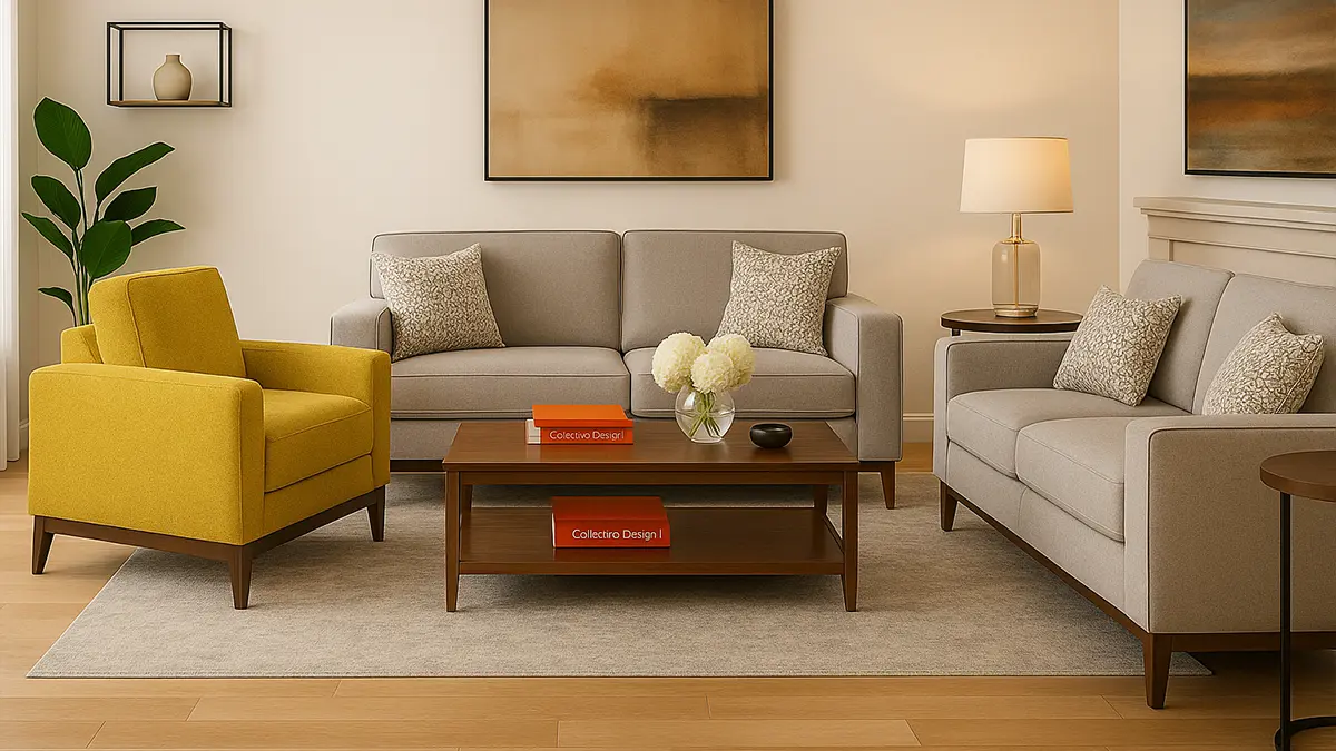 Tdf garnitura sa sivim trosedom i dvosedom i žutom foteljom, uklopljeni sa klub stočićem i klasičnim dekoraitvnim elementima.