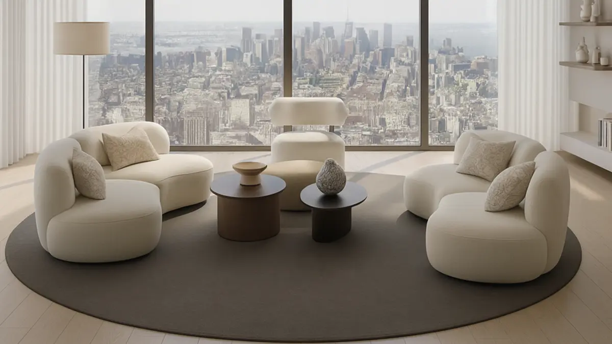 Tdf garnitura beče boje uklopljena sa tamnim tepihom i noćnim stočićem