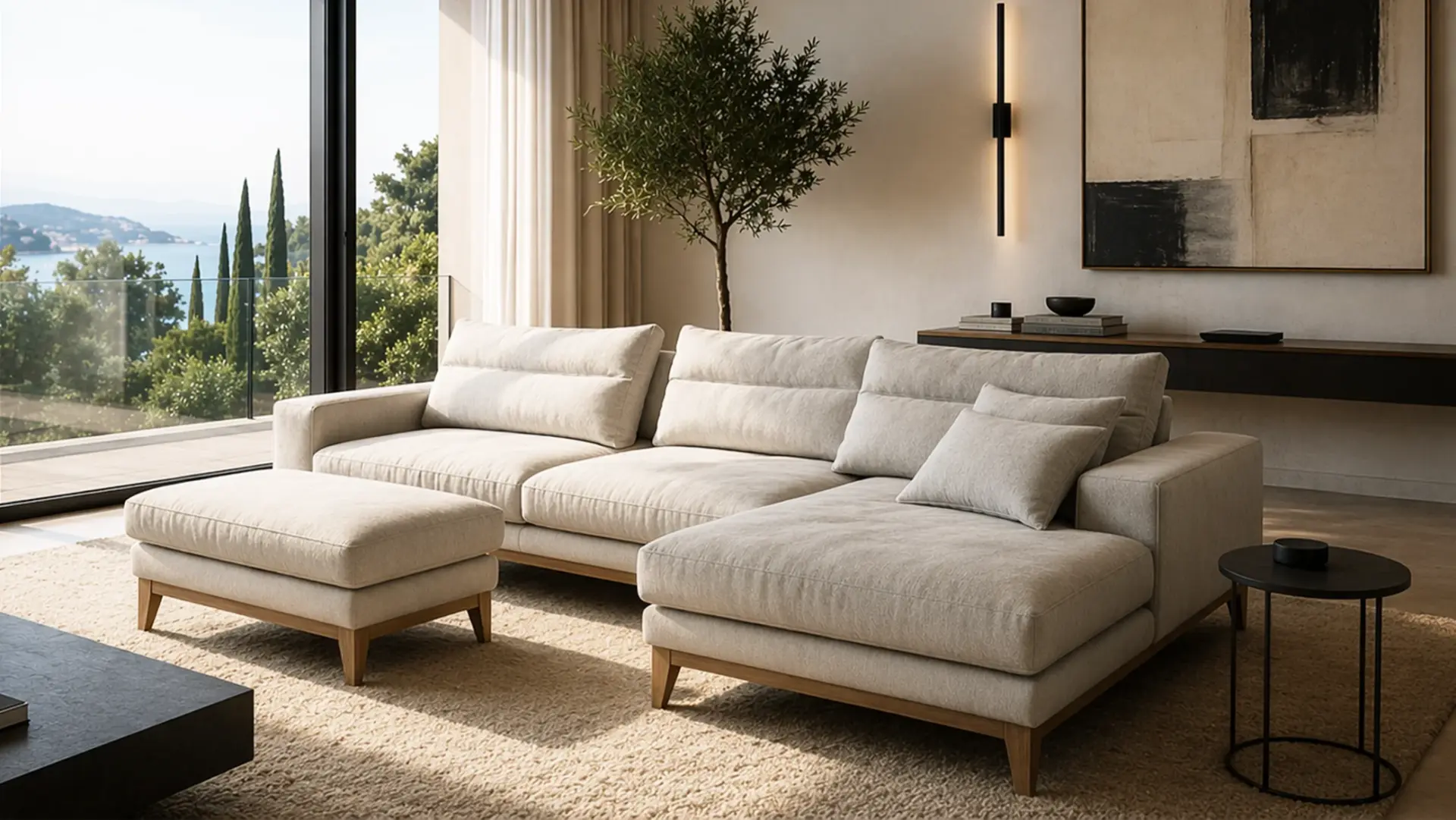 Ugaona garnitura Atina sa drvenom bazom, širokim naslonima i relax funkcijom