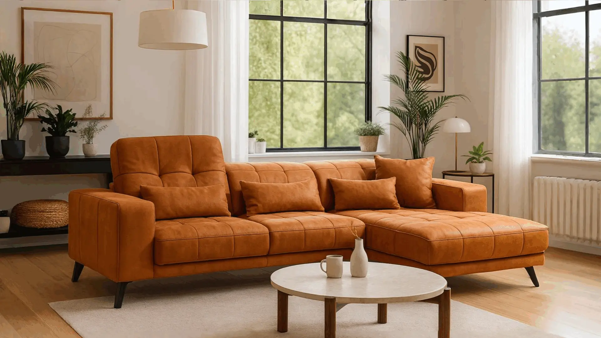 Narandžasta ugaona garnitura sa biljkom, tepihom i klub stolom