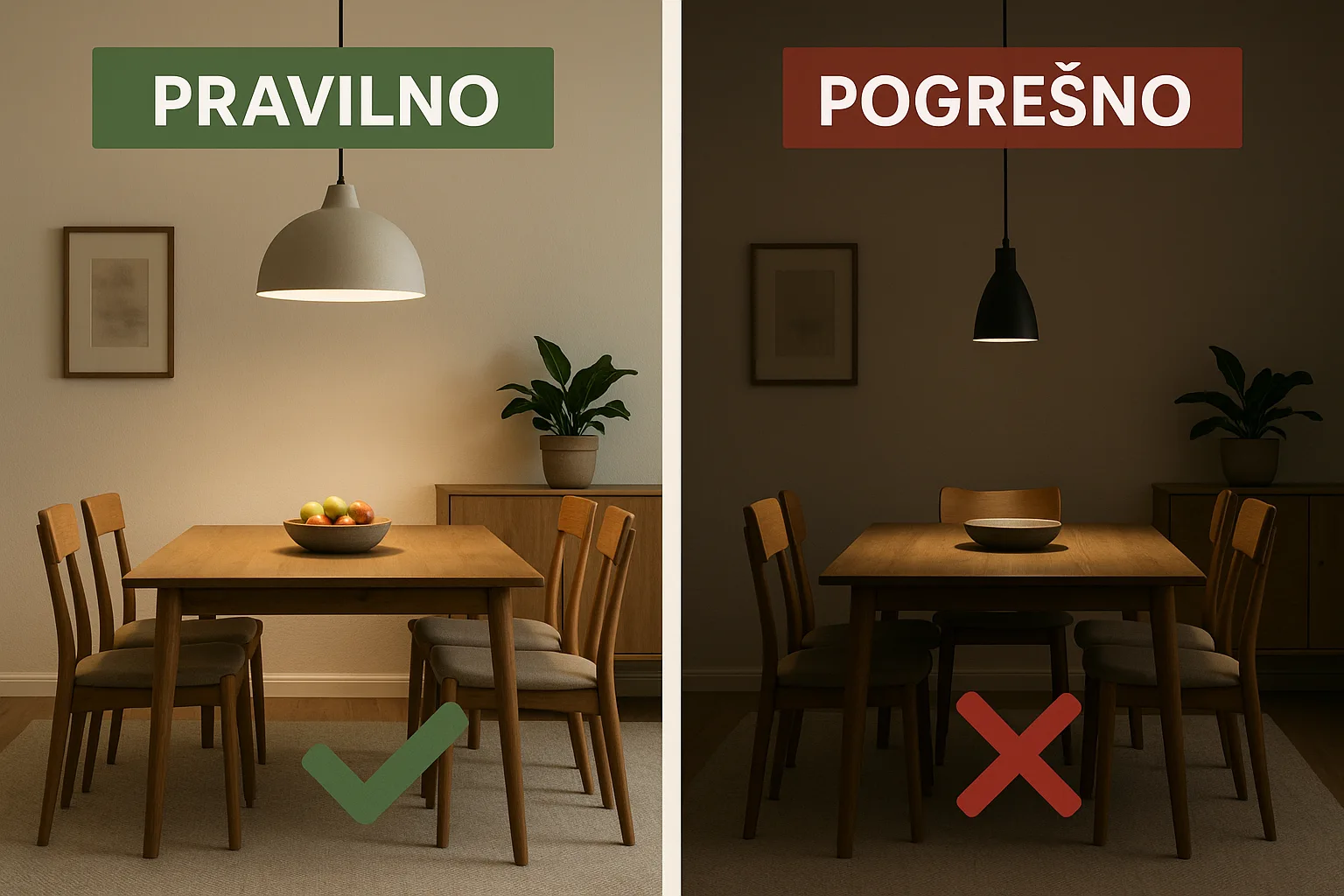 Ispravno i pogrešno postavljanje rasvete u trpezariji