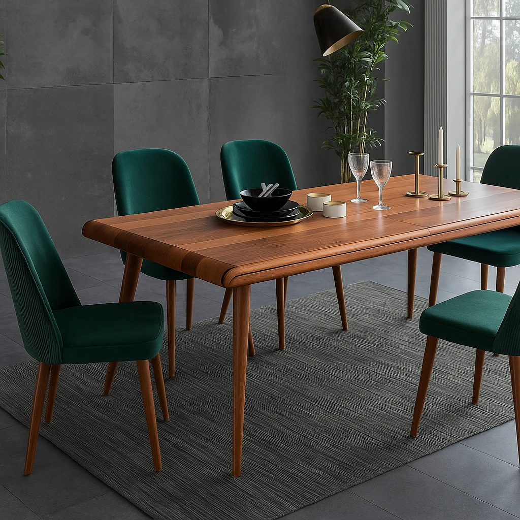 kockasti sto sa šest zelenih stolica