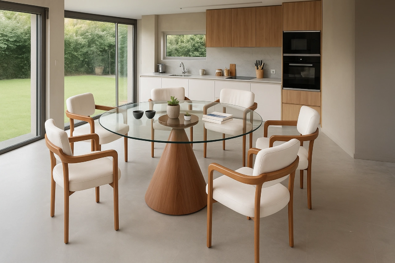 stakleni sto u kombinaciji sa drvenim stolicama