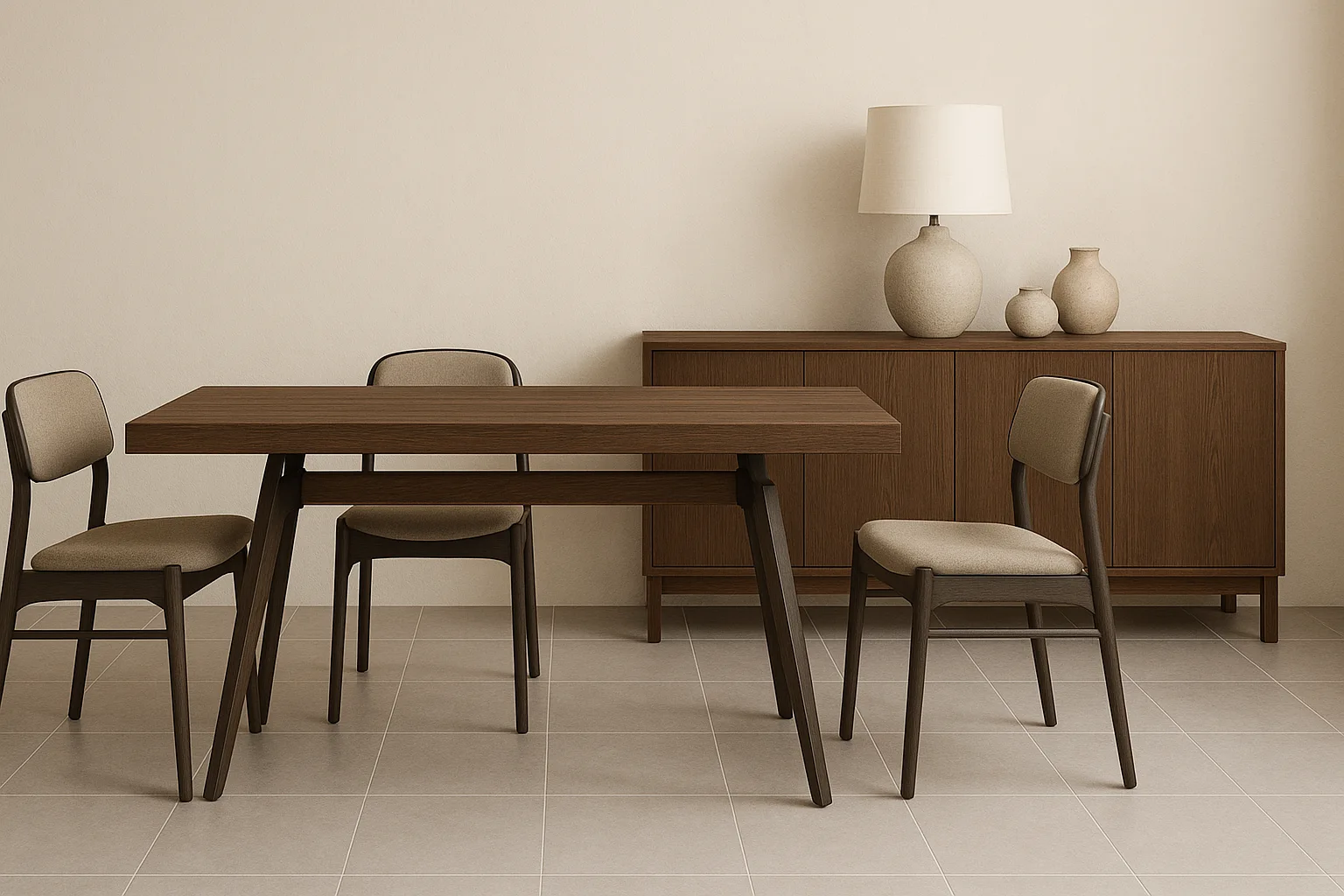 Trpezarija sa stolom i stolicama i pločicama na podu