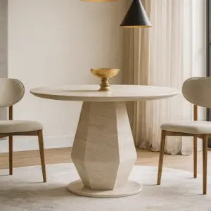 Okrugli sto 095 sa centralnim postoljem i travertin efektom unosi prirodnu eleganciju u svaki enterijer