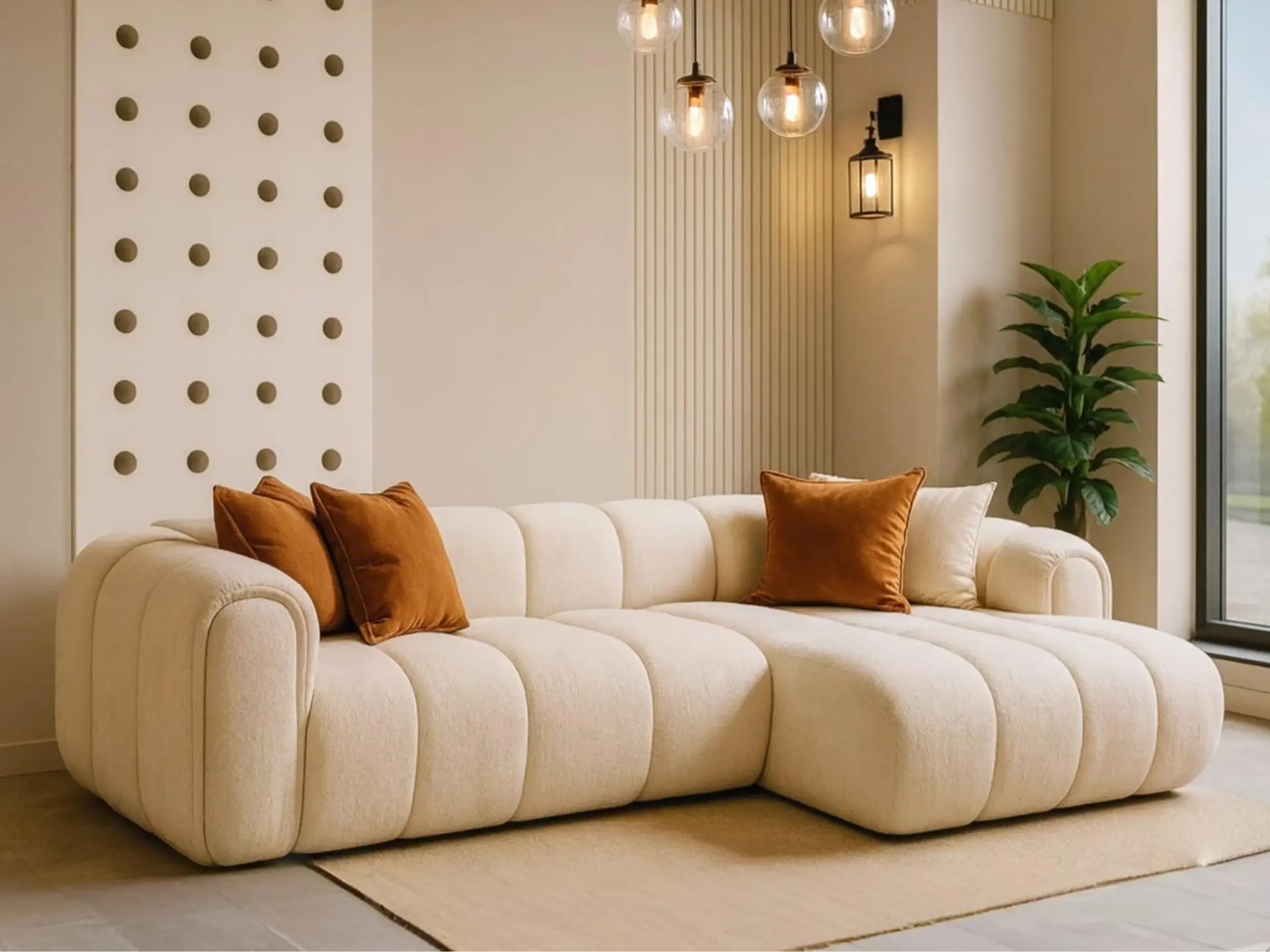 krem ugaona garnitura, tepih i rasveta