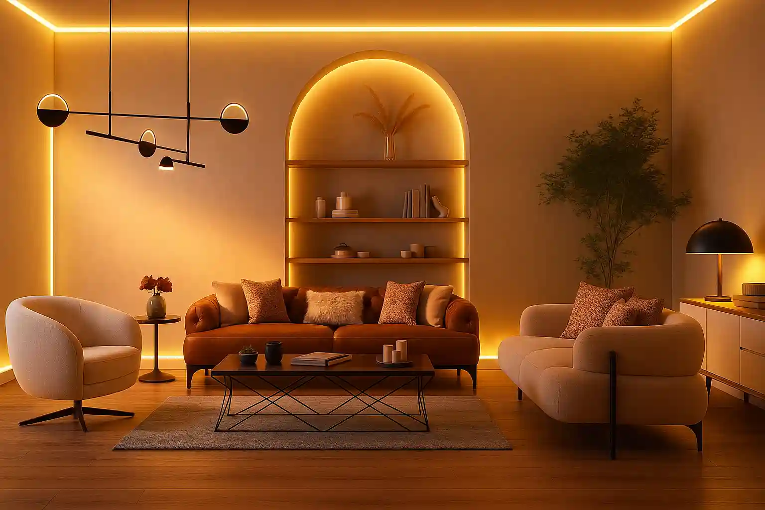 dnevna soba sa modernom rasvetom