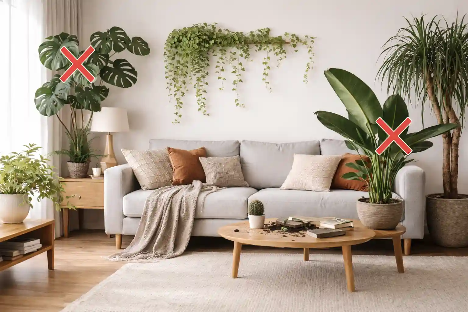 Dnevna soba sa pogrešno postavljenim biljkama