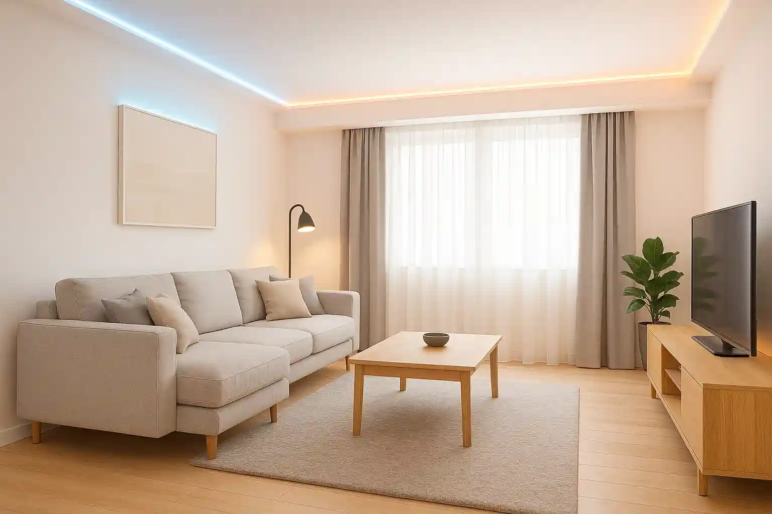 treosed, klub sto i tv kodmora u dnevnoj sobi sa led rasvetom