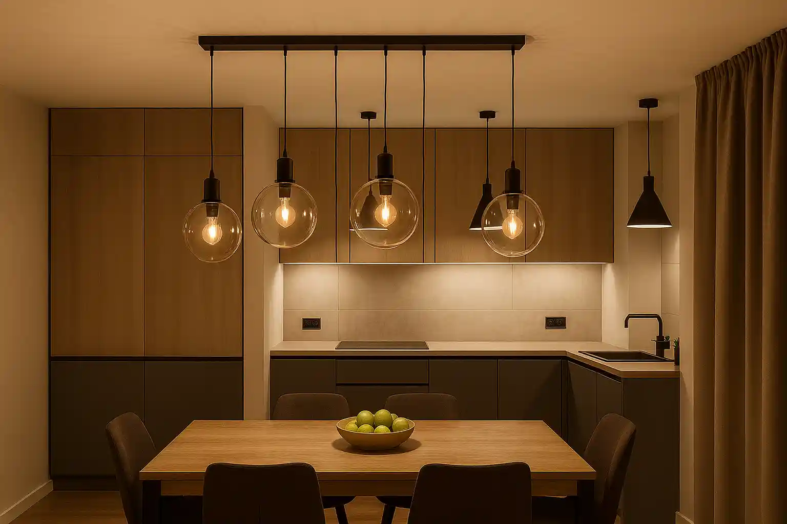 kuhinja i trpezarija sa rasvetom