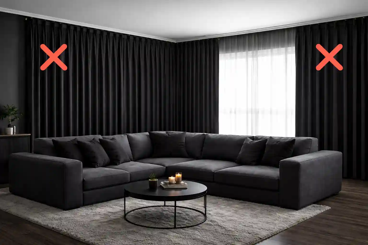 ugaona garnitura u kombinaciji sa tamnim zavesama