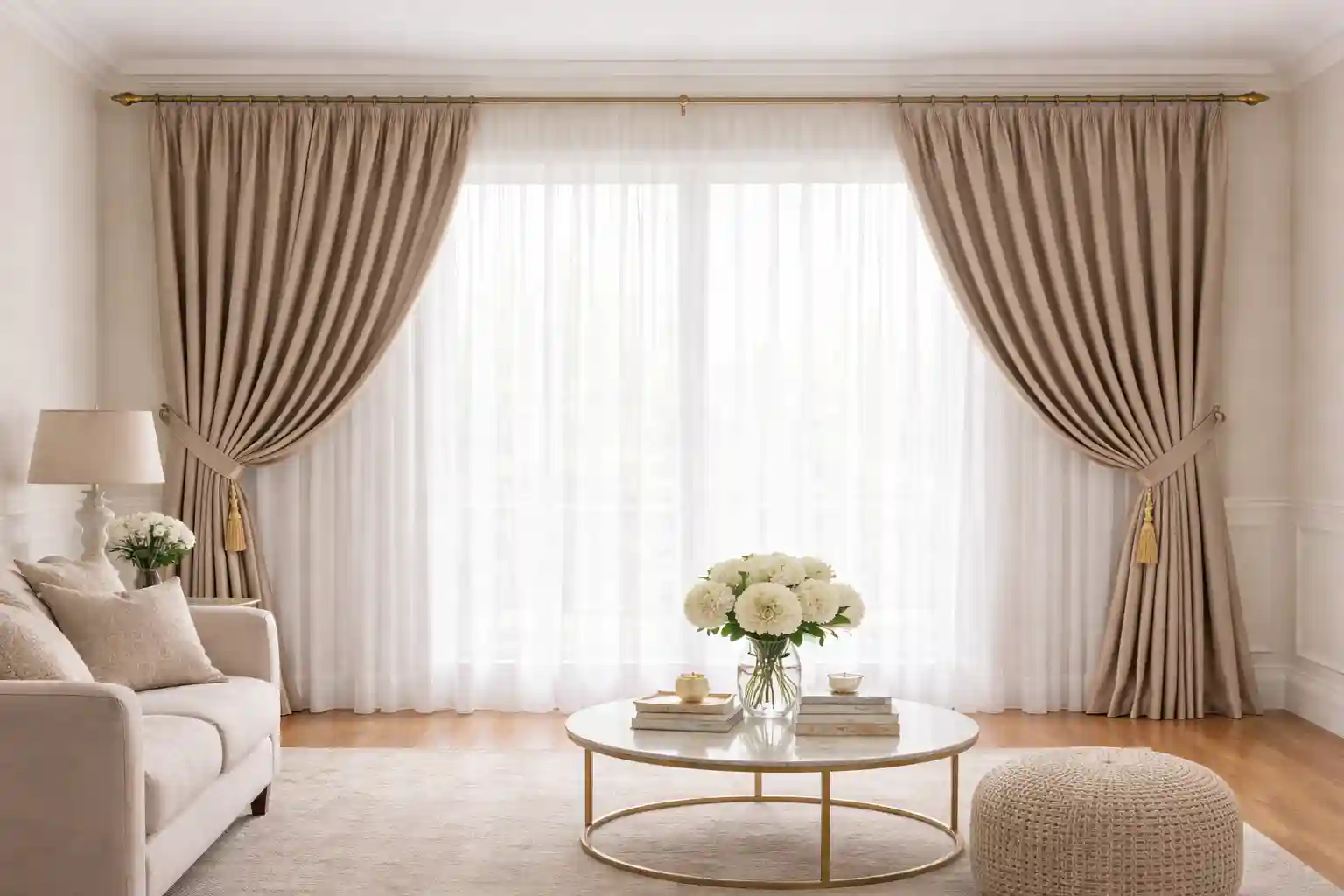 Dnevna soba sa zavesama, stolom i kaučem