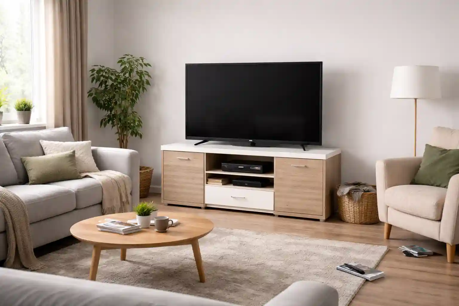 tv komoda koja nije dobro uklopljena u moderan izgled dnevne sobe