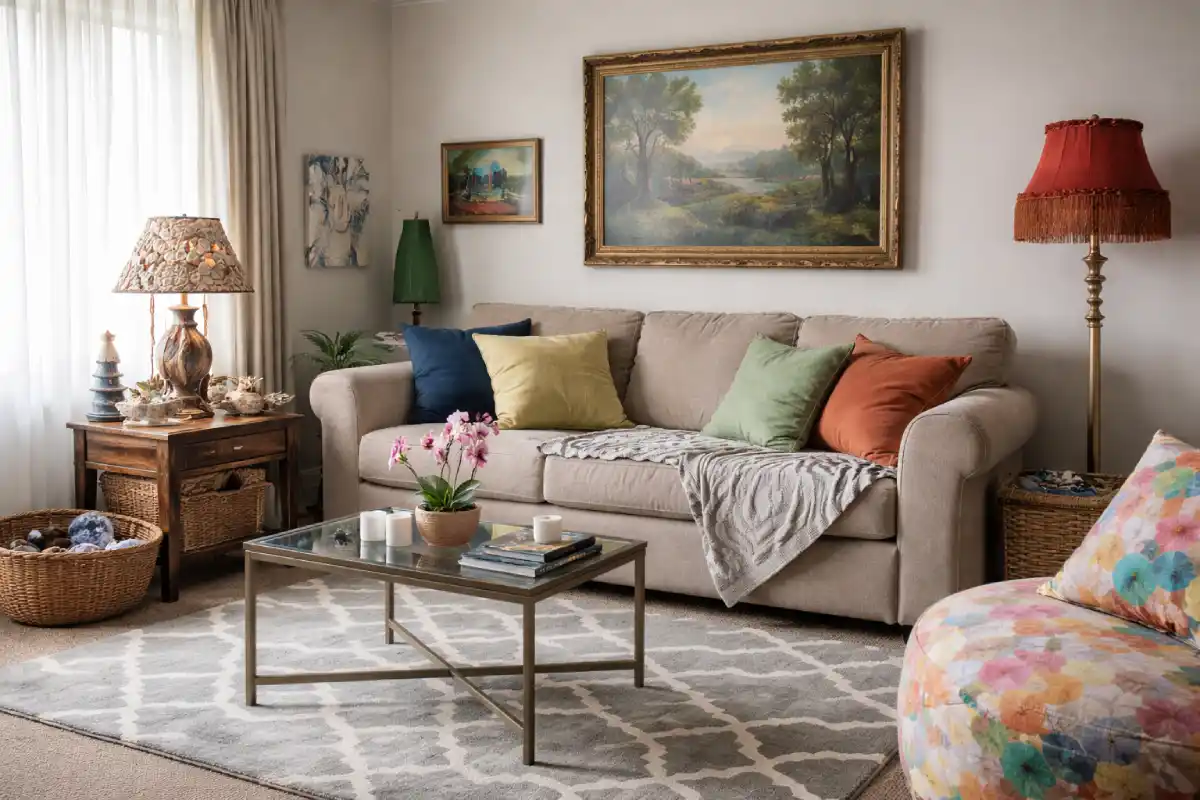 Dnevna soba sa dekoracijom koja je raznih boja, neusklađena sa dnevnom sobom