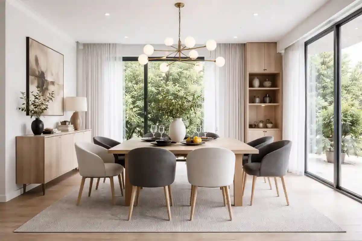 osam trpezarijskih stilica crne i bele boje raspoređenih oko drvenog stola sa kojim su uklopljene komoda i polica