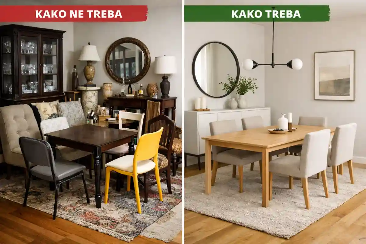 neplanski i neusklađen nameštaj u trpezariji i usklađen i planski odabran nameštaj 