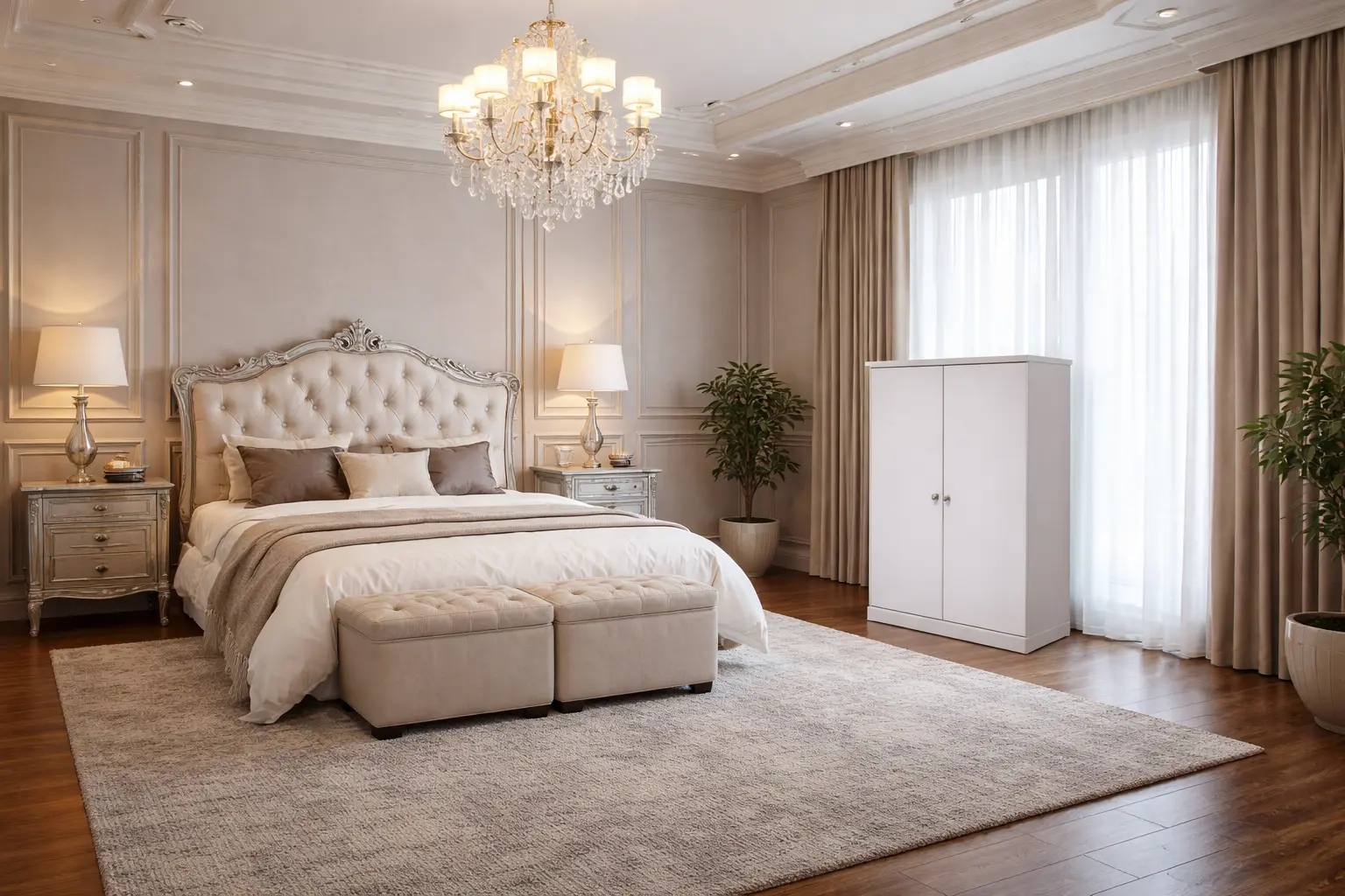 klasično uređenje soba sa raskošnim lusterom i krevetom sa visokim uzglavljem, ali premalim ormarom jednostavnih linija