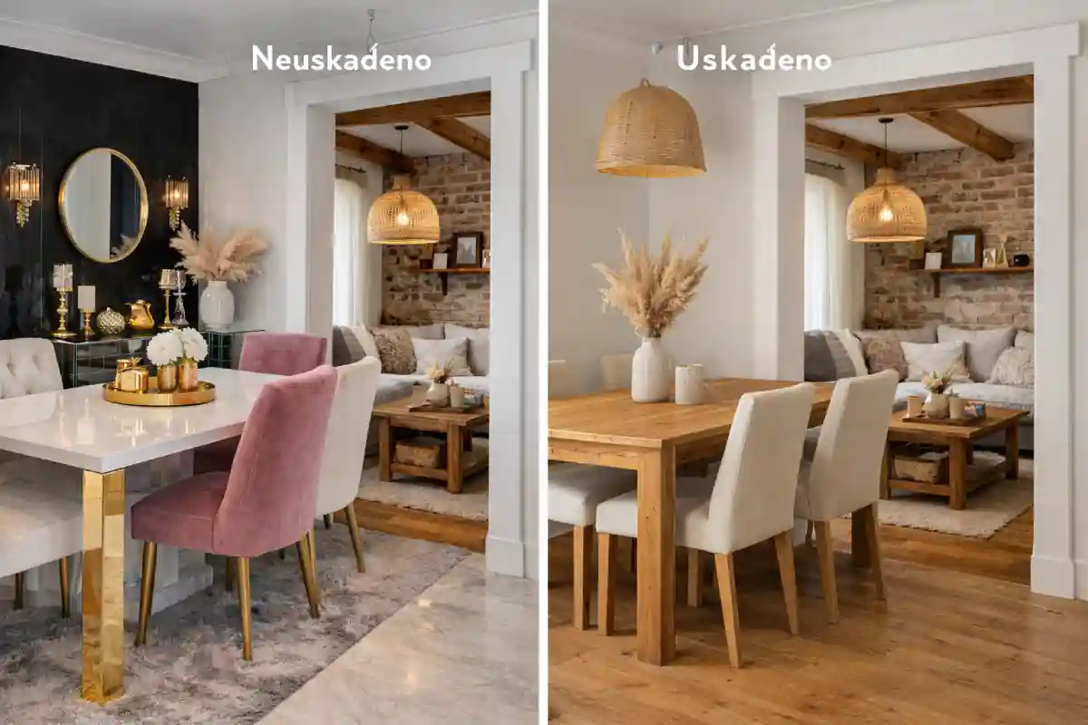 neusklađenosti stilova nameštaja u trepzariji i dnevnoj sobi vs ispravno usklađivanje nameštaja