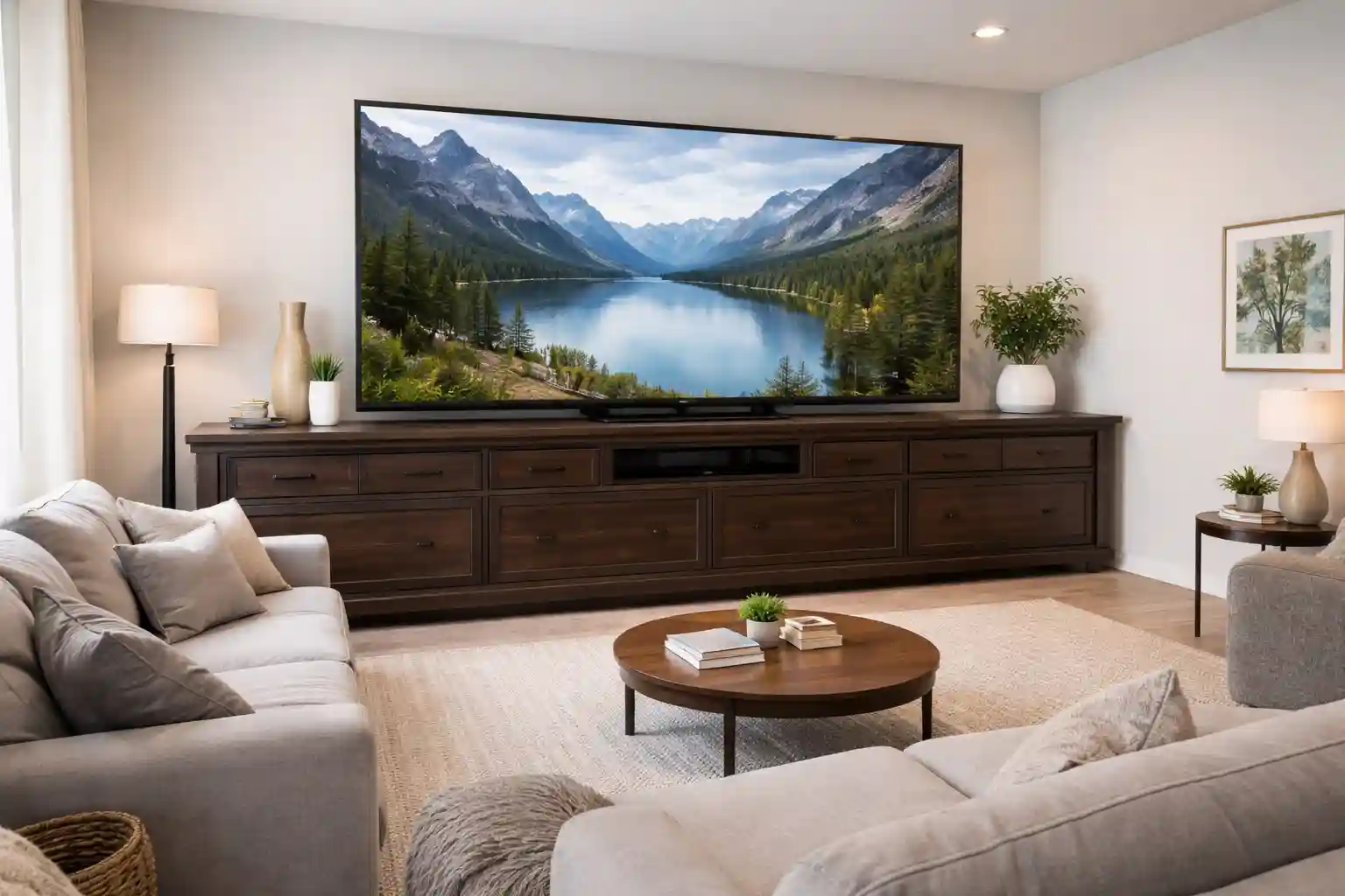 velika tamna tv komoda u dnevnoj sobi sa tdf garniturom svetle boje