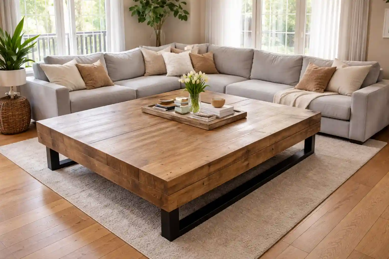 veliki drveni klub sto sa ugaonom garniturom sive boje. 