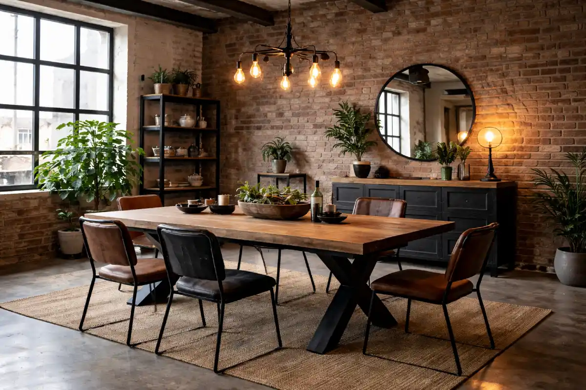 metalne stolice sa metalno-drvenim stolom, uklopljen sa zidom od cigle i dekoracijom sa metalnim elementima. 