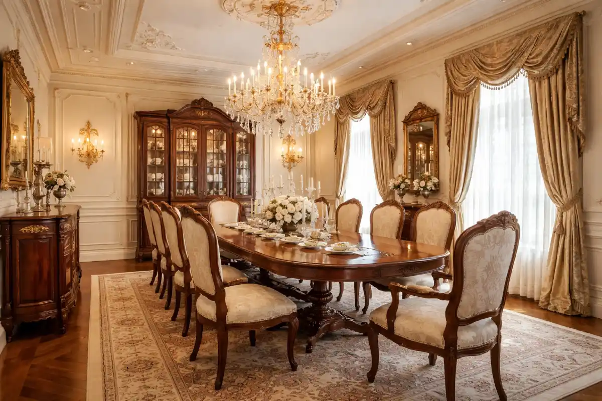 masivne stolice od punog drveta, uklopljene sa istim stolom, masivnim ormarnom, lusterom i raskošnim zavesama. 