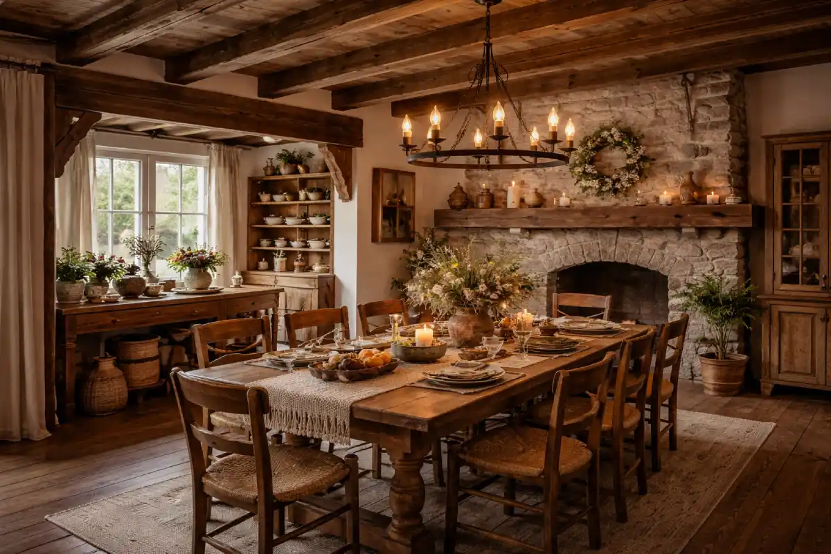 sto i stolice od drveta, sa kaminom i rustičnim lusterom i dekoracijom