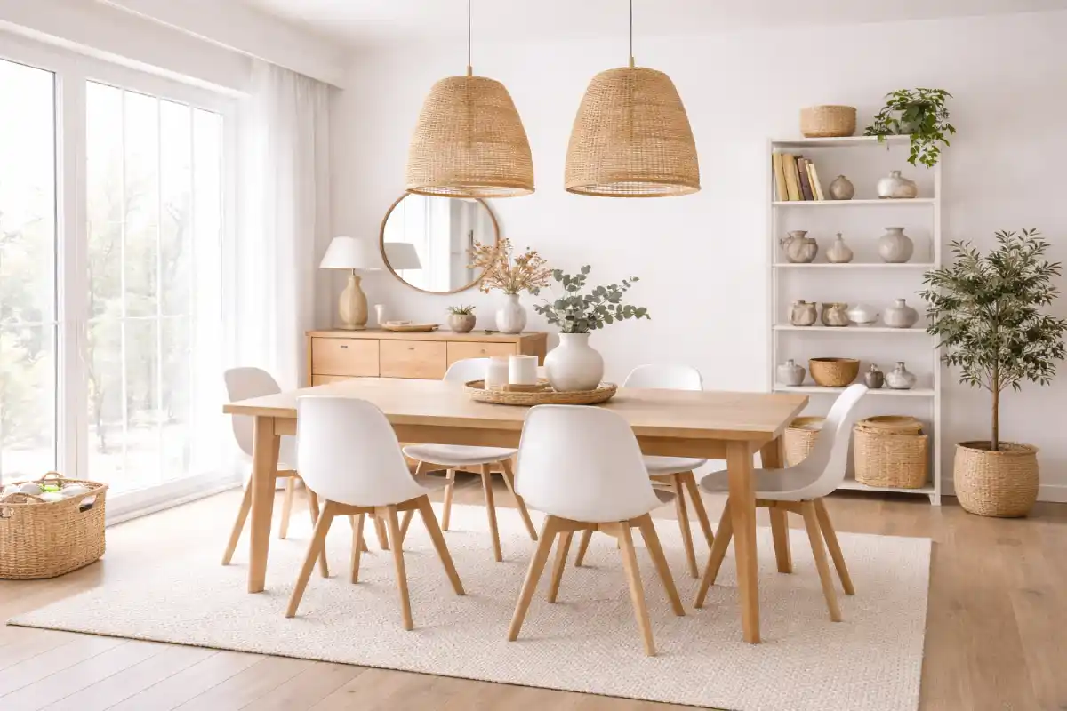 trpezarija u kojoj preovlađuju beli tonovi, rustični luster, uklopljen a sa belo-drvenim stolicama i drvenim stolom.