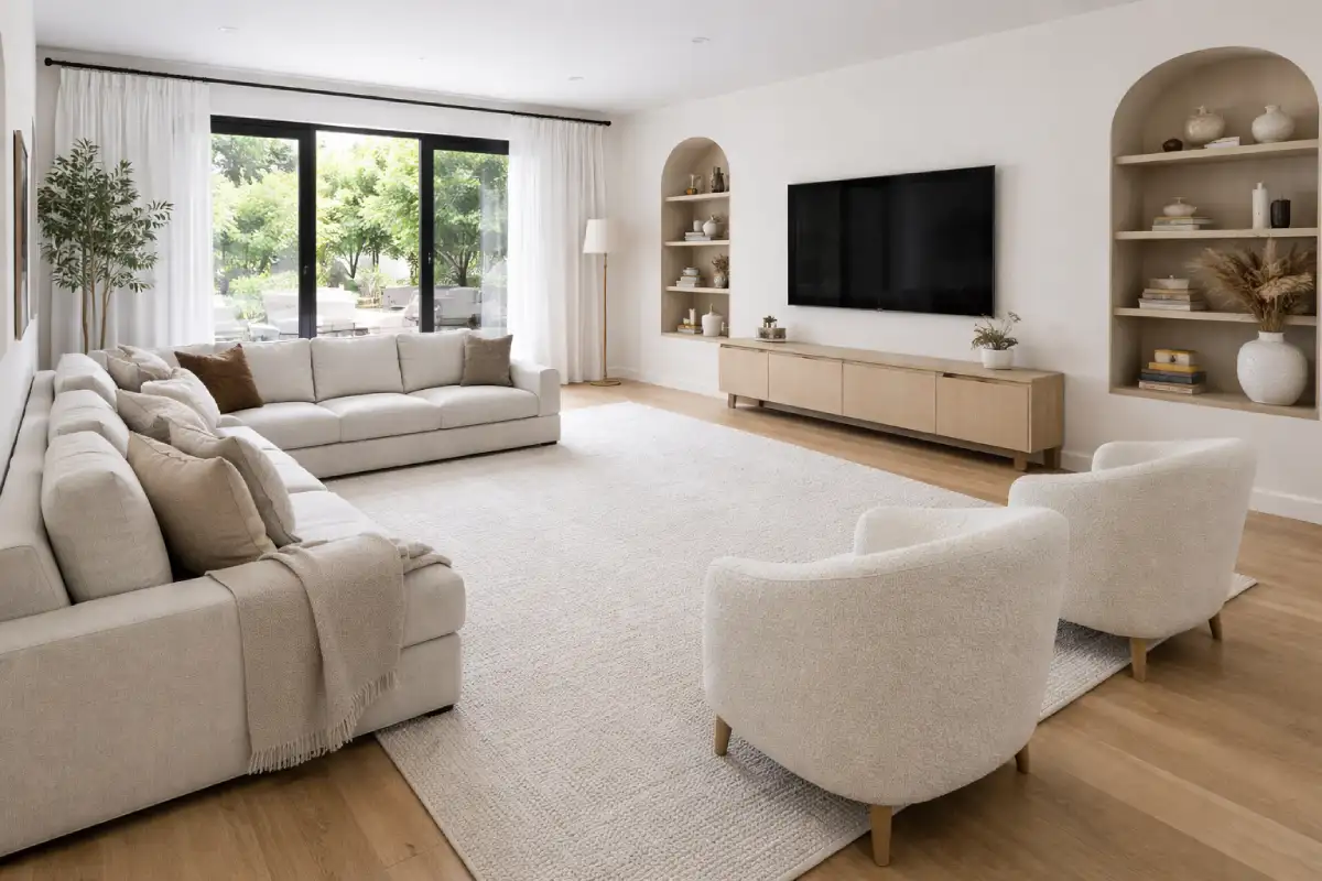 Dnevna soba sa dve fotelje i dva kauča u krem tonu sa tv zonom i praznim prostorom između elemenata