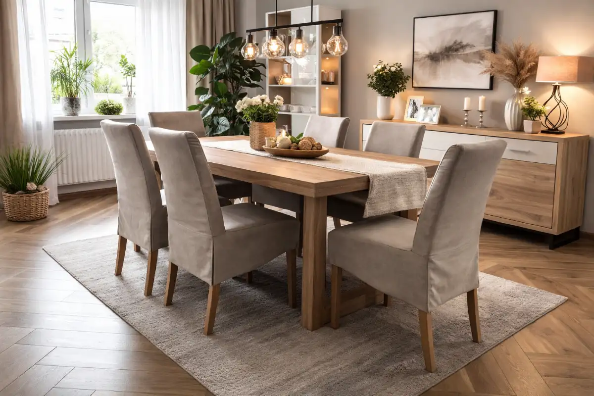 trpezarija sa drvenim stolom i šest stolica sa sivim navlakama