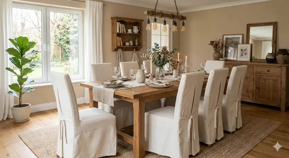 bele navlake za stolice sa stolom na kojoj je dekoracija za proslave