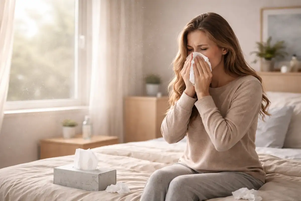 žena sedi na krevetu i duva nos maramicom - u članku: kako smanjiti alergije u spavaćoj sobi
