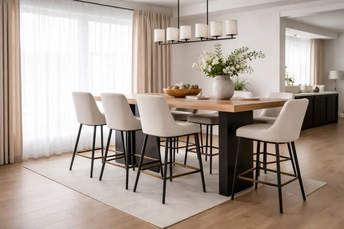 Trpezarijske stolice barske od krem platna sa drvenim stolom koji ima metalne nogare