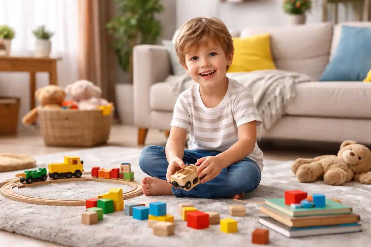Dečak sa igračkama u dnevnoj sobi