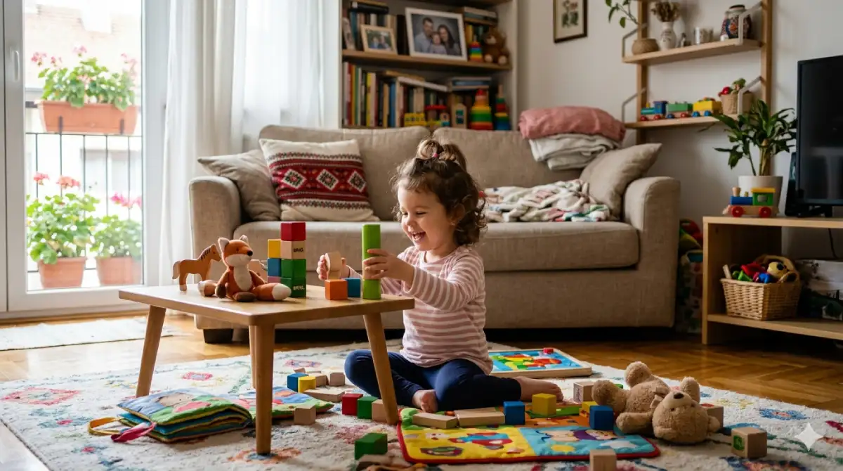 devojčica se igra na stolu u dnevnoj sobi