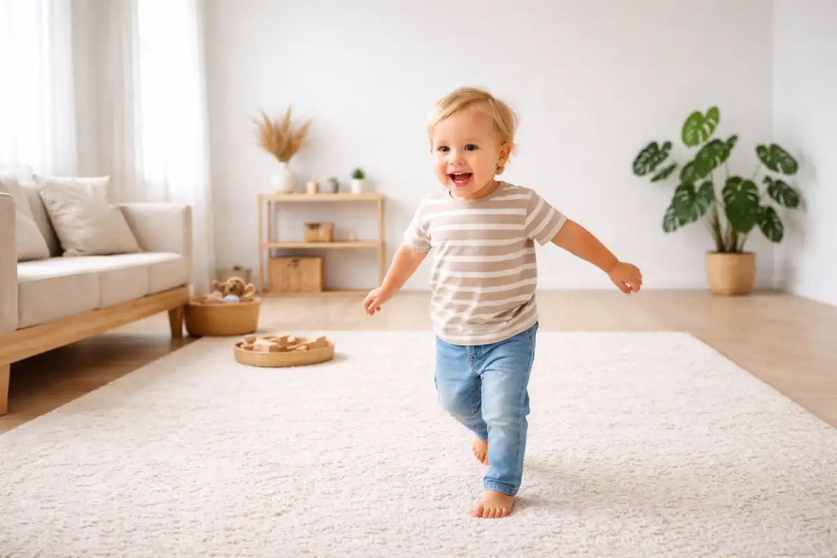 dečak trči u dnevnoj sobi