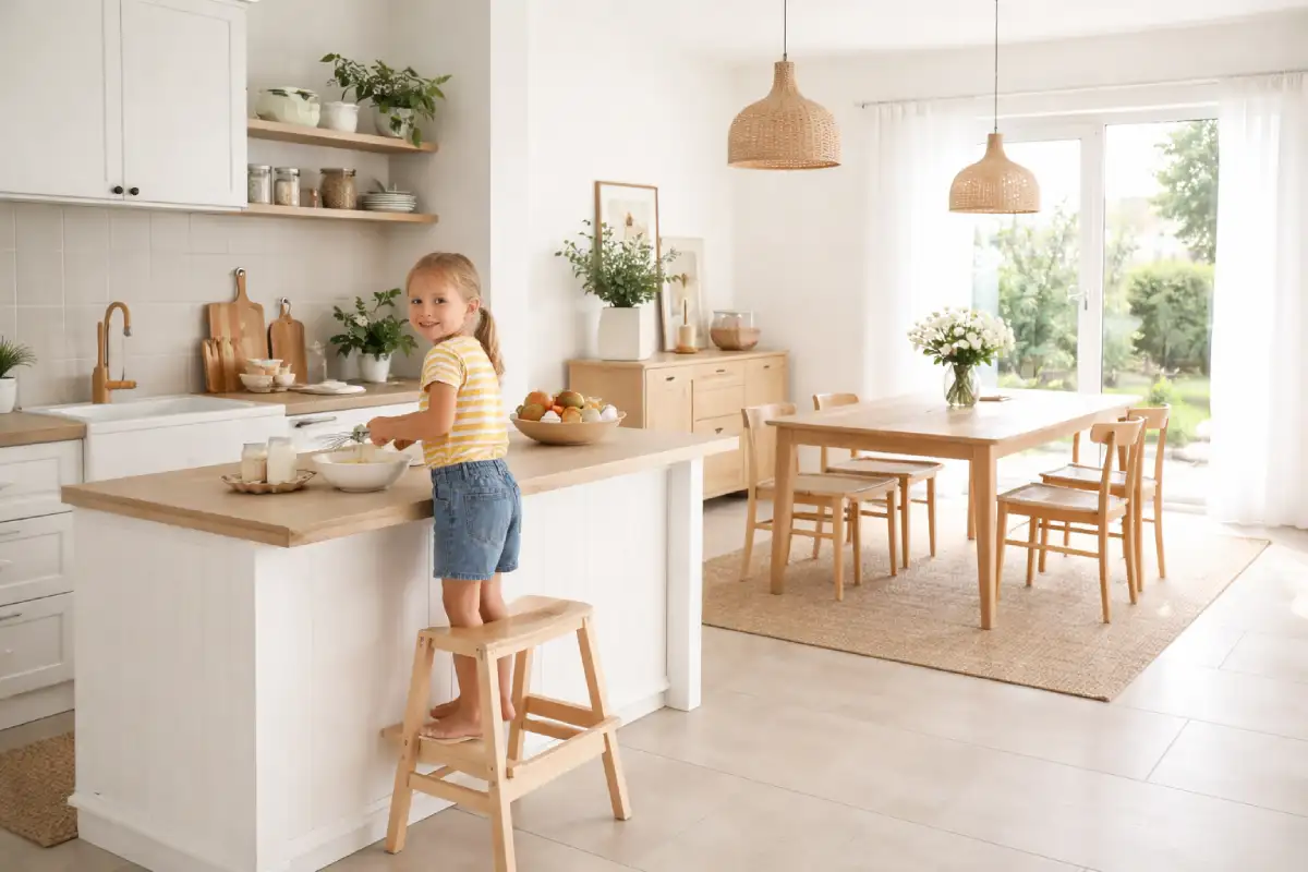 devojčica stoji na pomoćnom stočiću u kuhinji