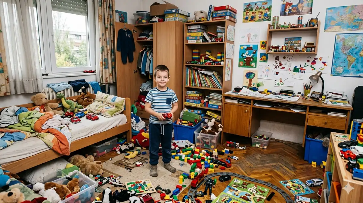 Dete stoji u kršu i pretrpanoj spavaćoj sobi