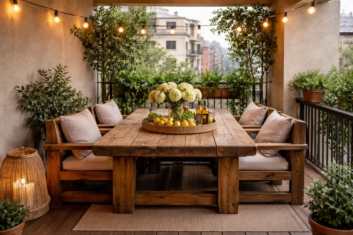 veliki drveni sto i stolice na uskoj terasi