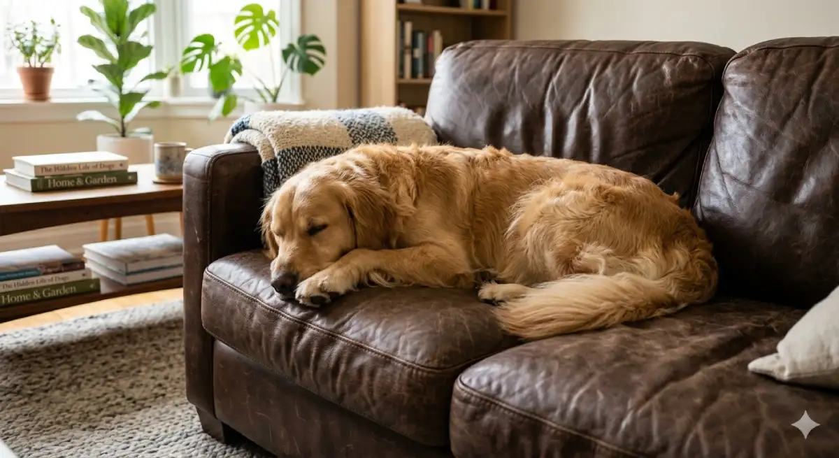 Pas spava na kožnoj garnituri