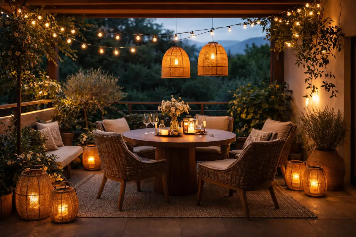 baštenski nameštaj na terasi sa dekorativnom rasvetom