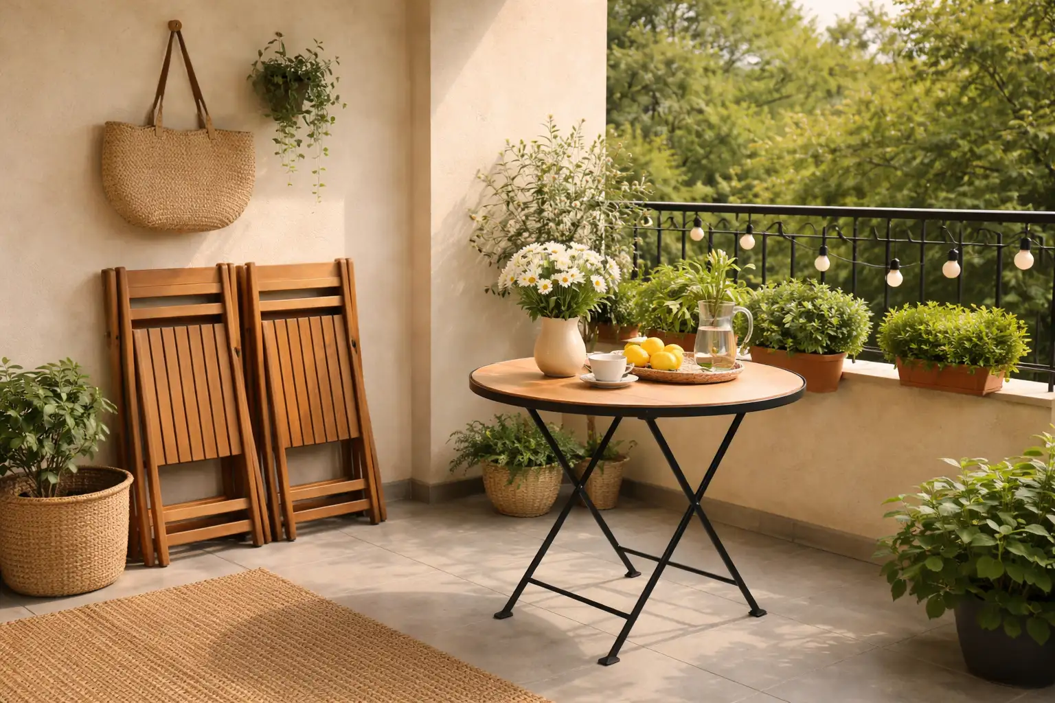 terasa sa sklopljenim stolicama i drvenim stolom