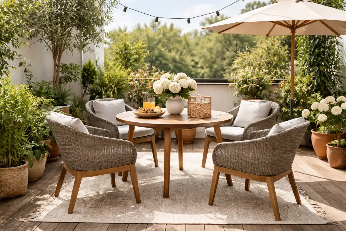 sto i stolice od drveta na terasi na kojoj su biljke