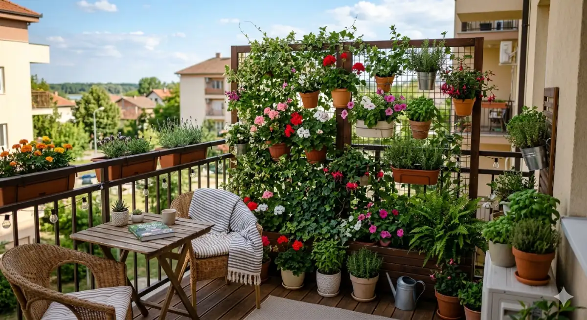 Terasa sa stolom i stolicama i biljnim paravanom