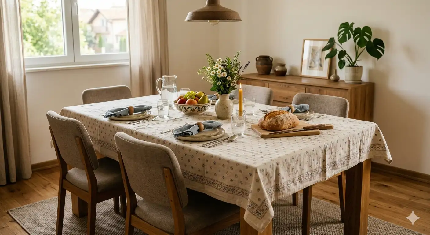 trpezarijski sto sa stolicama i stolnjakom