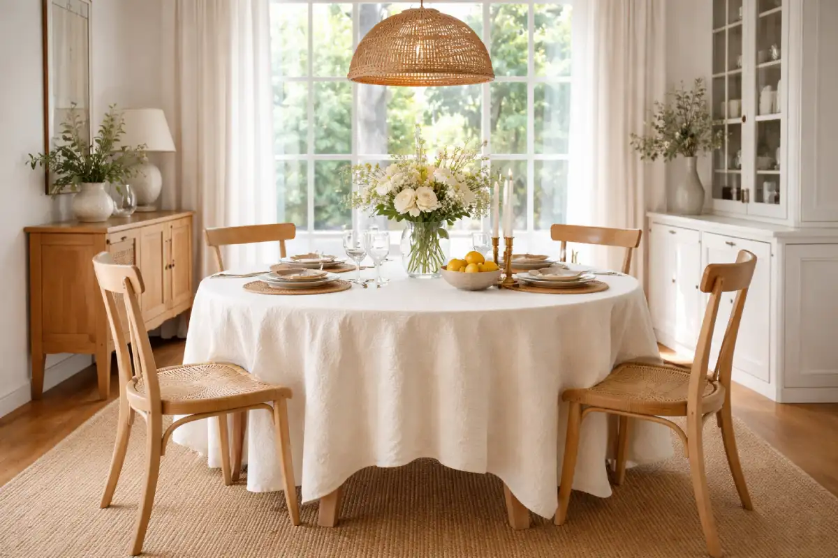 trpezarija sa stolnjakom i stolicama od svetlog drveta