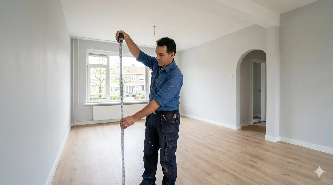 čovek meri prostor u dnevnoj sobi