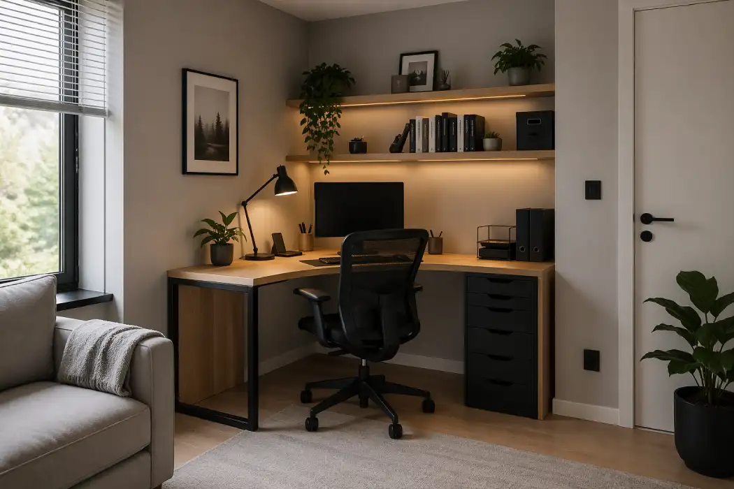 Kancelarija u uglu dnevne sobe sa radnim stolom i kompijuterom