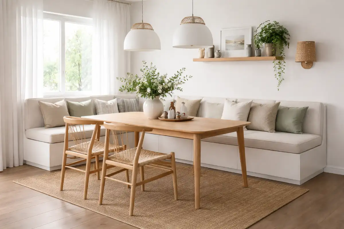 moderna trpezarije u svetlim tonovima u kojoj je postavljena komninacije klupe i stolica